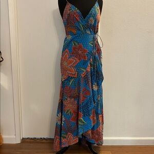 FARM RIO Floral Blue and Red Cotton Maxi Dress Medium